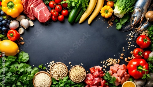 Fototapeta Naklejka Na Ścianę i Meble -  A vibrant food composition with fresh fruits, vegetables, meats, seafood, grains, and herbs arranged around a dark slate background.