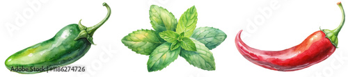 Fresh green jalapeno, vibrant mint leaves, red chili pepper, watercolor illustration, culinary herbs, food design.