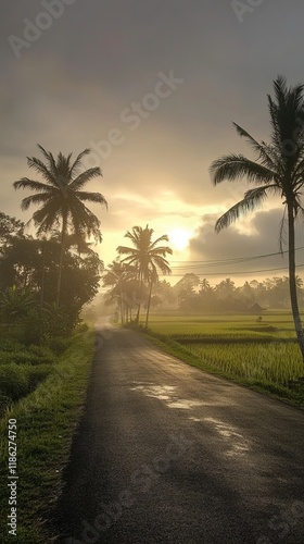 Serene Sunrise Path Through Lush Rice Fields