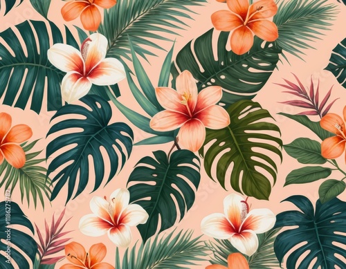 Tropical Floral Seamless Pattern: Hibiscus, Monstera, Palm Leaves, Peach Background