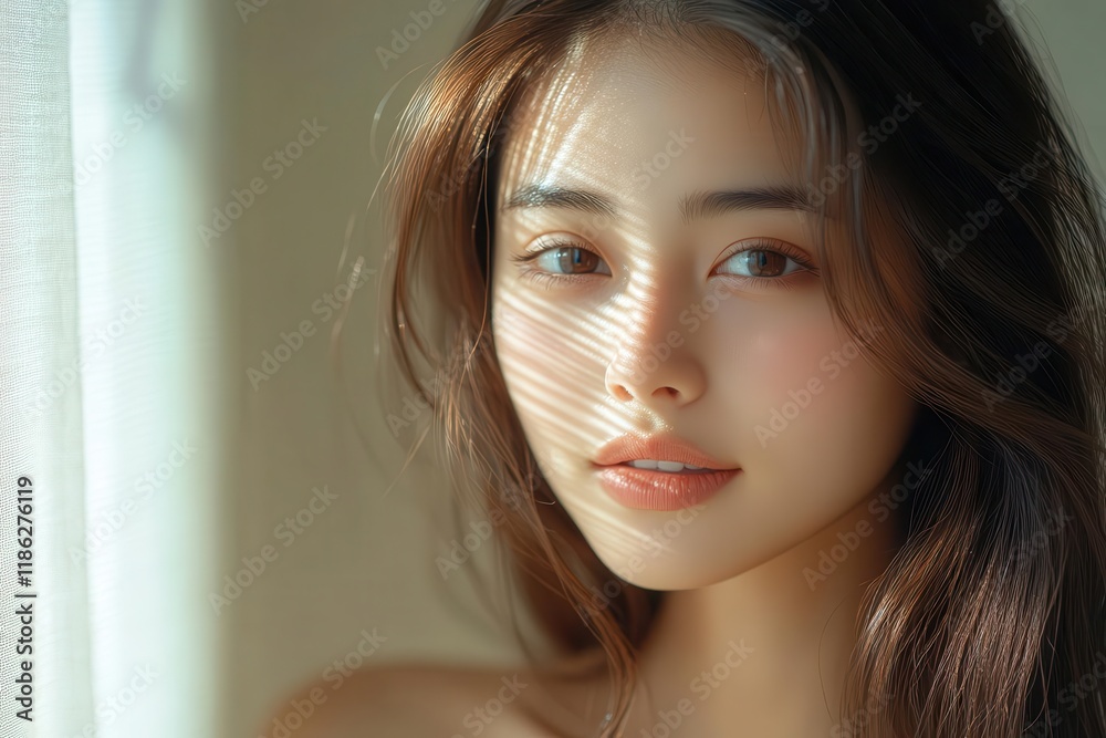 Naklejka premium beautiful asian woman with long silky hair using traditional wooden comb for morning hair care routine in natural sunlight through window, self-care moment