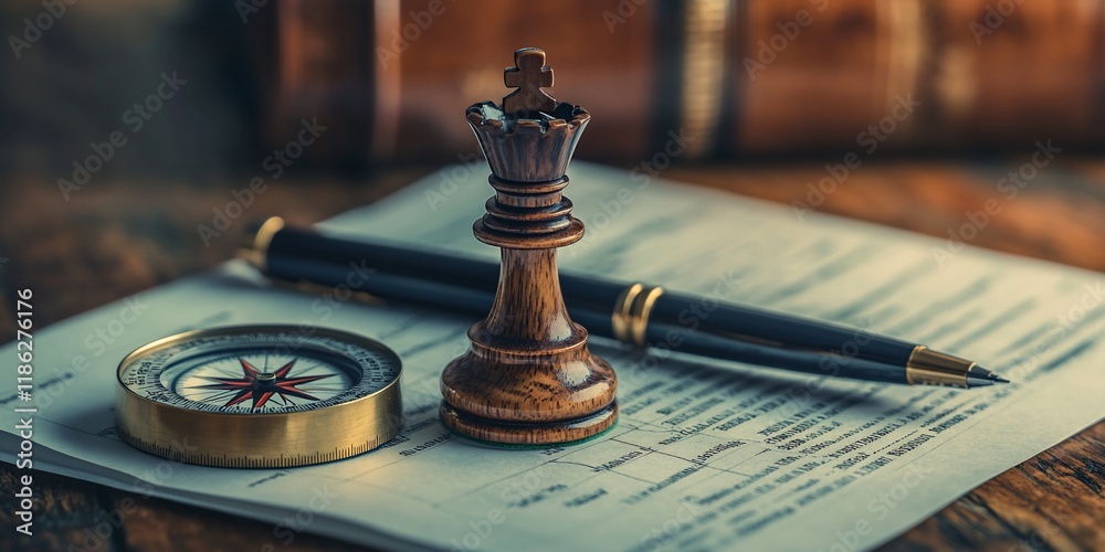Chess queen, compass, pen on contract. Strategic planning concept Chess queen, compass, pen on contract. Strategic planning concept