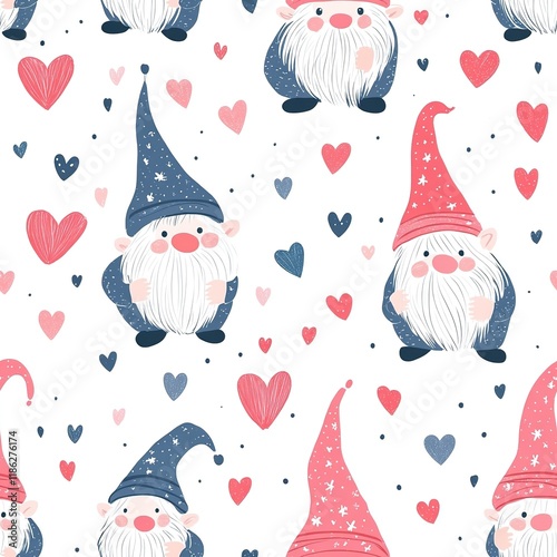 repetitive illustration of gnomes with hearts shades of red and blue, valentines day.