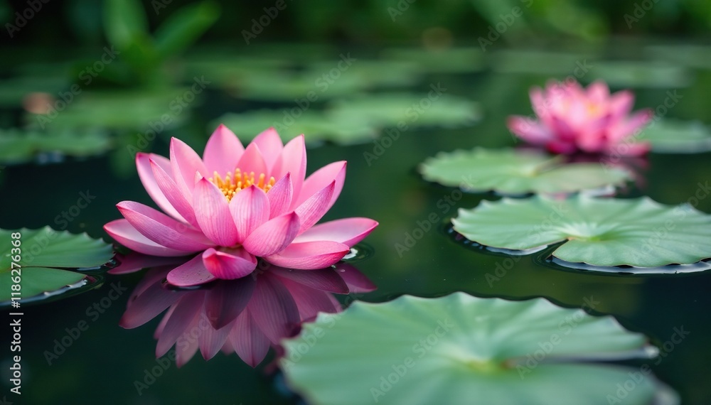 Lotus flowers float gently in a mirror-like pond, stillness, floral, reflection Lotus flowers float gently in a mirror-like pond, stillness, floral, reflection
