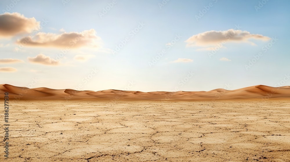 Fototapeta premium A desert landscape glows at sunset over barren terrain. Vast desert landscape under a clear blue sky.