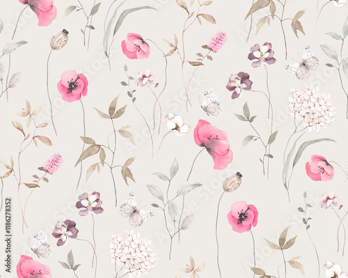 Wallpaper Mural Floral seamless pattern with pink wildflowers and flying butterflies. Watercolor design illustration on grey background for textile, cover or wallpapers, hand drawn print. Torontodigital.ca