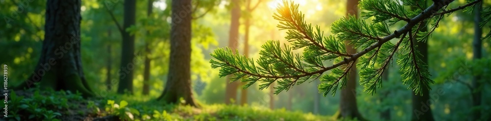 Juniper tree branch forest with sunlit dappled shade, evergreen, woodland Juniper tree branch forest with sunlit dappled shade, evergreen, woodland