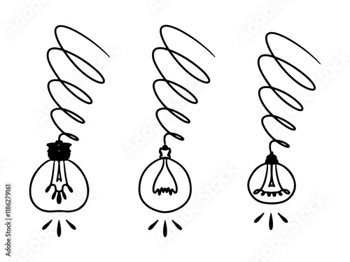 Doodle bulb light. Hand drawn lamp set. Vector idea art. Electric light bulb illustration