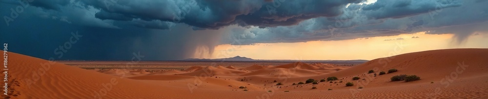 Desert landscape with dark clouds on the horizon, rain, arid land Desert landscape with dark clouds on the horizon, rain, arid land