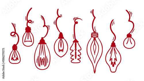 Doodle electric light bulb or lamp bulb. Hand draw idea symbol collection. Hand drawn red lamp set. Vector idea art. Vector illustration.