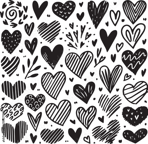 Grunge hearts icons. scribble ink grunge heart shapes icons drawn with markers and crayons set
