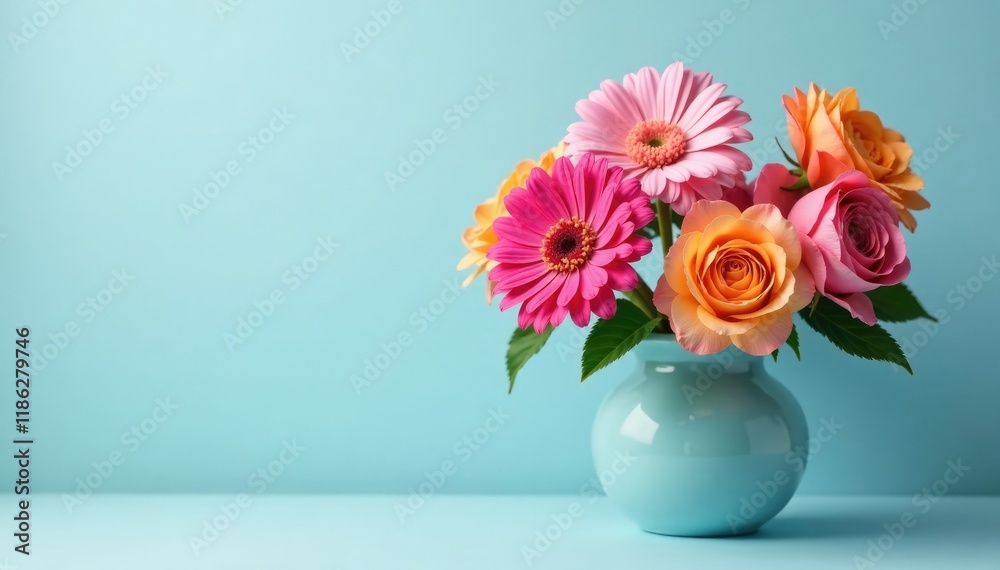 Bright gerberas and roses in a vase against a soft blue backdrop, garden, blooms, flowers Bright gerberas and roses in a vase against a soft blue backdrop, garden, blooms, flowers