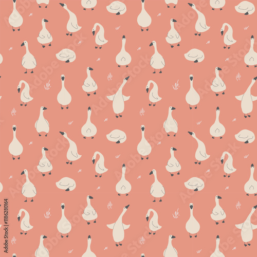 Goose Seamless Pattern. Cute Cartoon geese, Vector Illustration Background.