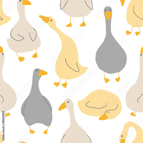 Goose Seamless Pattern. Cute Cartoon geese, Vector Illustration Background.