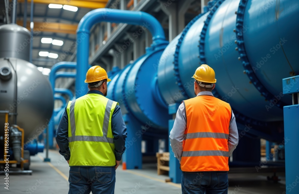 Two workers in safety vests, hard hats inspect large industrial equipment in factory. Industrial plant setting. Assessing equipment possibly for acceptance repairs. Review, discuss process. Focus on