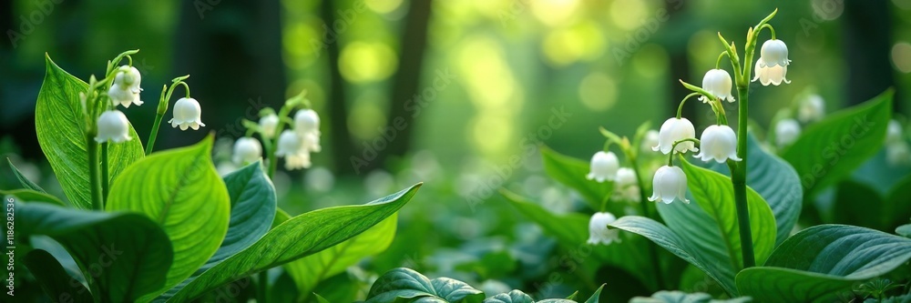 Lush tropical garden with blooming white lily of the valley flowers, nature, greenery Lush tropical garden with blooming white lily of the valley flowers, nature, greenery