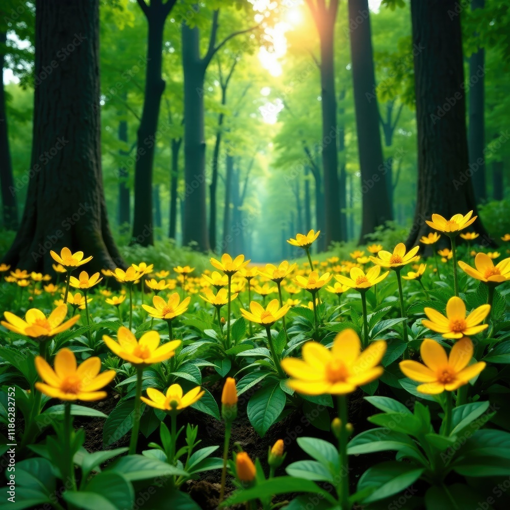 Fototapeta premium Dazzling yellow wildflowers bloom in the forest canopy, wildflower photography, blooming flowers, greenery