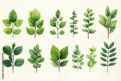 botanical illustration collection of delicate hand-drawn plants and leaves with vintage scientific detail in minimalist green style