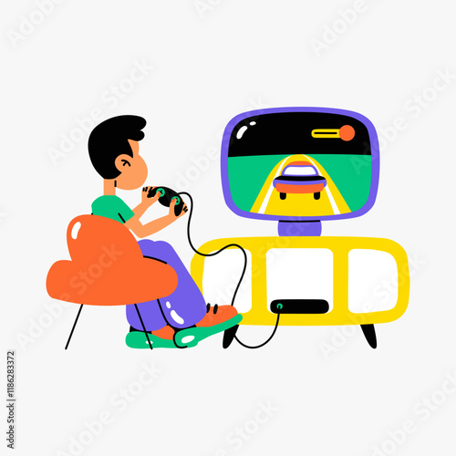 Boy playing video game in flat vector illustration symbolizing gaming, entertainment, and virtual fun, isolated on white background