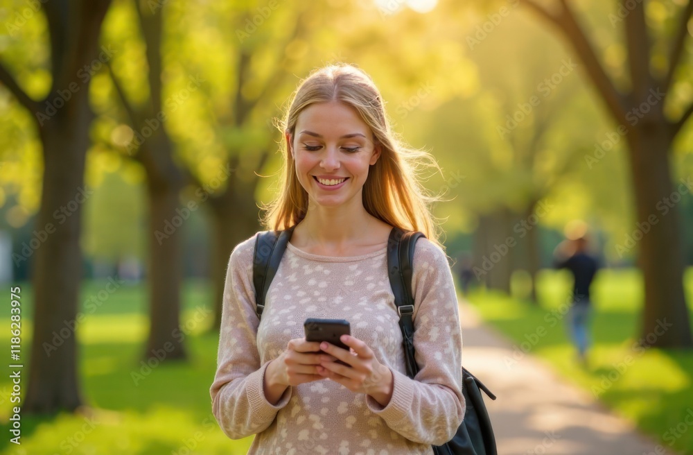 woman walking in the spring park while looking at her phone smiling