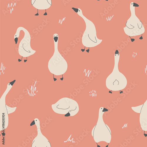 Goose Seamless Pattern. Cute Cartoon geese, Vector Illustration Background.