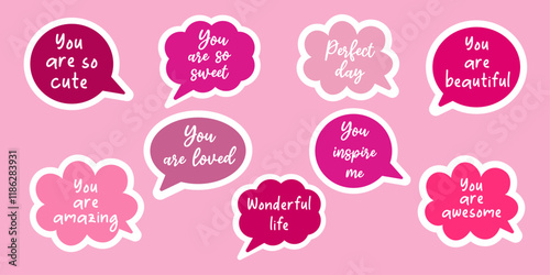 Set of speech bubbles with compliment phrases, love quotes. Happy Valentine's Day. Vector sticker collection with quotes about loving yourself and others.
