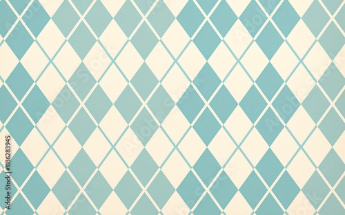 Seamless diamond argyle check pattern in blue and white with dotted red stitch. Vector geometric diamonds background. Fabric texture print for clothing, wrapping paper, decor
