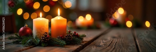 Wallpaper Mural Freshly lit Christmas candle on wooden table centerpiece, ambiance, festive Torontodigital.ca