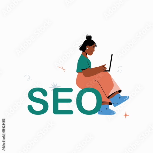Female character using laptop, sitting on the word SEO. Flat vector illustration symbolizing search engine optimization, digital marketing, and online strategy, isolated on white background