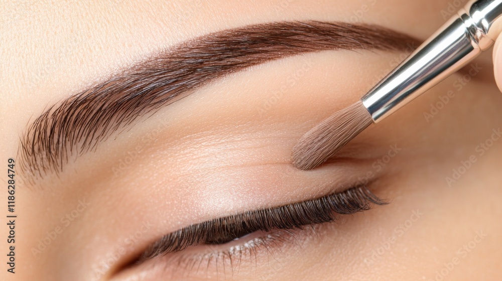 Applying eyeshadow with precision brush in close-up during makeup session Applying eyeshadow with precision brush in close-up during makeup session