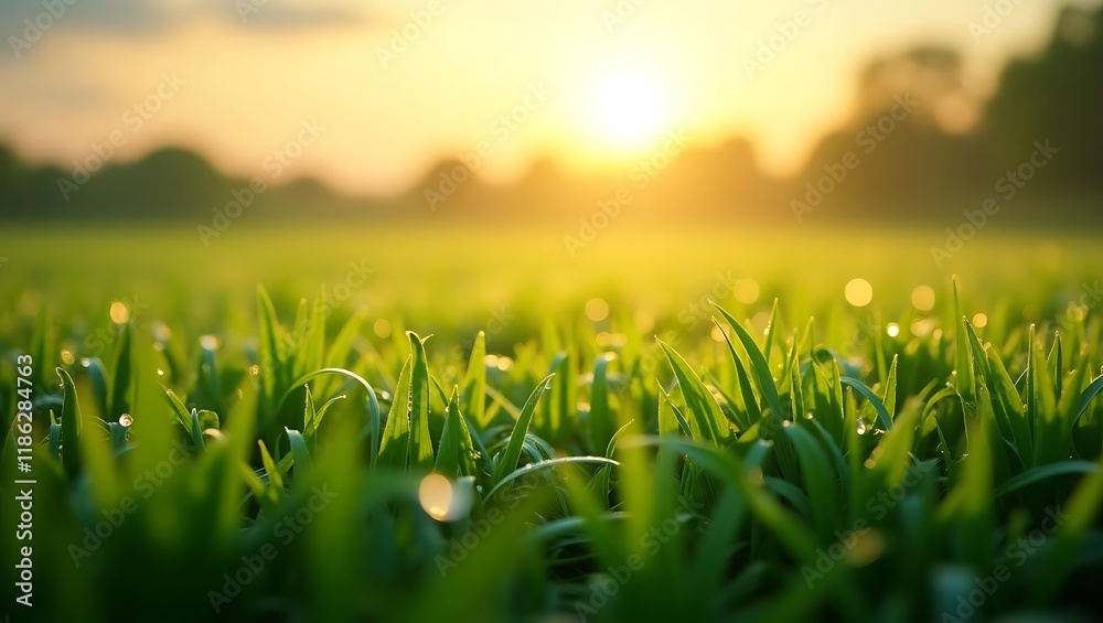 Fototapeta premium Dew-Covered Grass at Sunrise: Serene Nature Scene