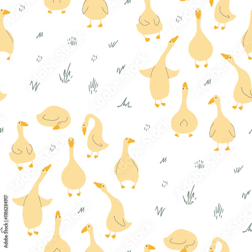 Goose Seamless Pattern. Cute Cartoon geese, Vector Illustration Background.
