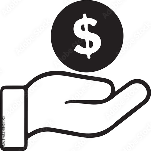 Icon of a hand holding a glowing dollar symbol, symbolizing financial insight and valuable investments. Vector illustration.
