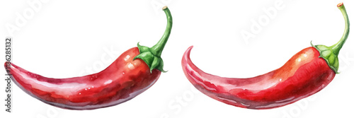 Red chili peppers, watercolor style, vibrant colors, fresh ingredients, culinary art, food illustration, spicy flavor.