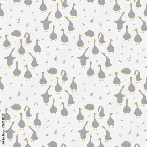 Goose Seamless Pattern. Cute Cartoon geese, Vector Illustration Background.