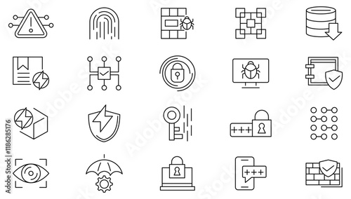 Cyber Security line icon set. Virus, fraud, malware bug, threat, theft, data phishing, hacker, password, safety, key, shield line icon set. UI thin line icon pack.