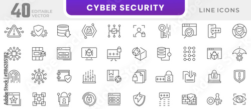 Cyber Security line icon set. Virus, fraud, malware bug, threat, theft, data phishing, hacker, password, safety, key, shield line icon set. UI thin line icon pack.