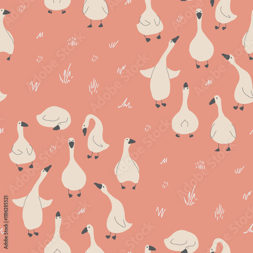 Goose Seamless Pattern. Cute Cartoon geese, Vector Illustration Background.
