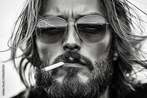 Man with sunglasses and long beard smoking a cigarette by the ocean at sunset photo