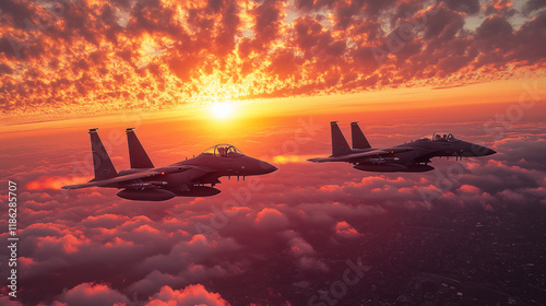Military aircraft soaring through dramatic sunset sky, aerial combat readiness concept