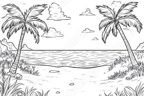 Tropical beach sketch, ocean view, palm trees, cloudy sky, coloring page