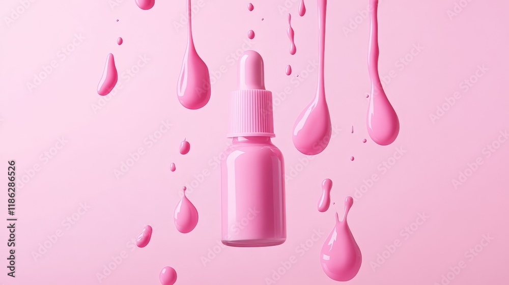Pink cosmetic bottle with dropper is levitating among pink drops on pink background, creating a surreal and visually appealing scene for beauty and skincare products Pink cosmetic bottle with dropper is levitating among pink drops on pink background, creating a surreal and visually appealing scene for beauty and skincare products