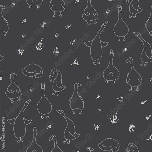 Goose Seamless Pattern. Cute Cartoon geese, Vector Illustration Background.