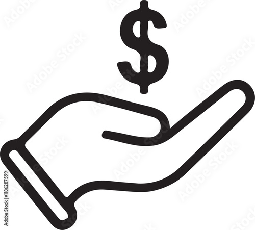 Icon of a hand holding a glowing dollar symbol, symbolizing financial insight and valuable investments. Vector illustration.
