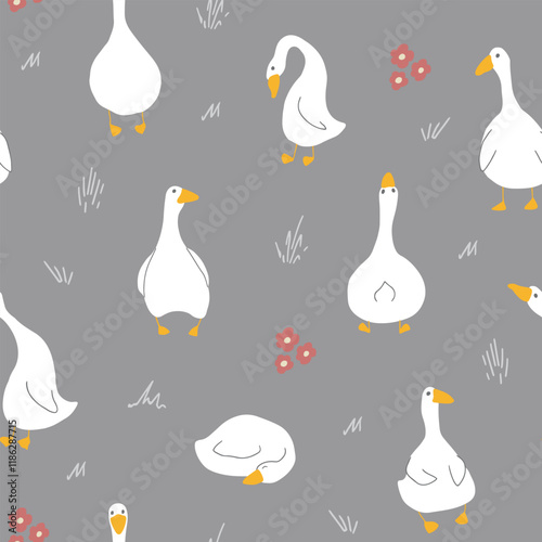 Goose Seamless Pattern. Cute Cartoon geese, Vector Illustration Background.