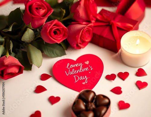 Romantic Valentine's Day Celebration with a Red Heart Card, Roses, and Chocolates in an Intimate Setting
