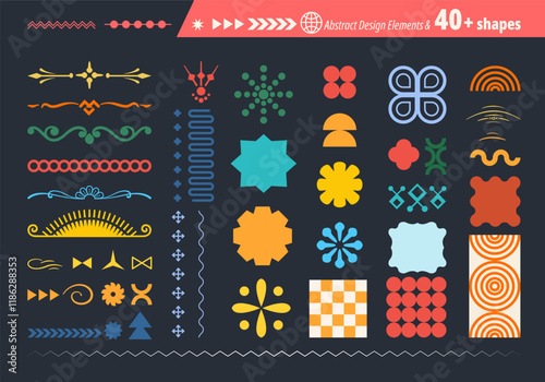 Abstract futuristic geometric shapes in trendy retro groovy, flat style. Colored simple isolated on black background label sticker elements. All layered and grouped. Vector.