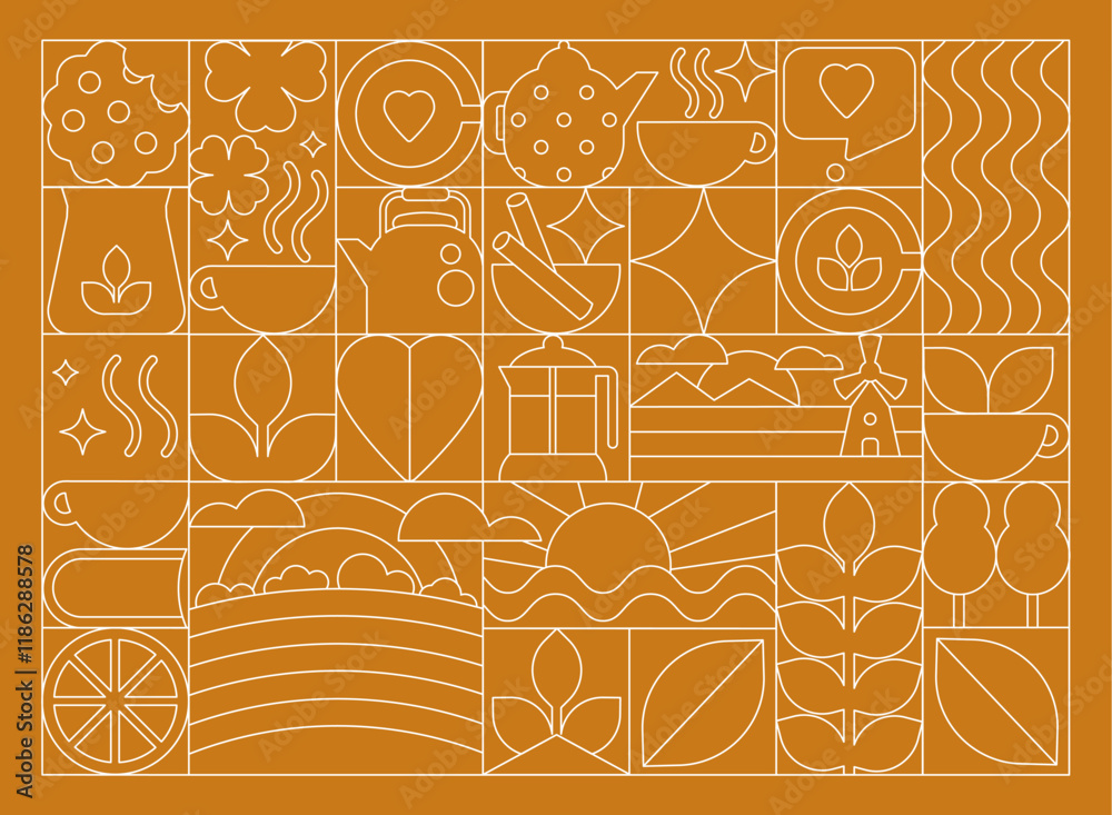 Green and Black Tea Art Deco Print, Pattern. Linear Style Elements From Fields to Cups 