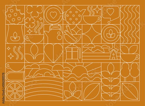 Green and Black Tea Art Deco Print, Pattern. Linear Style Elements From Fields to Cups 