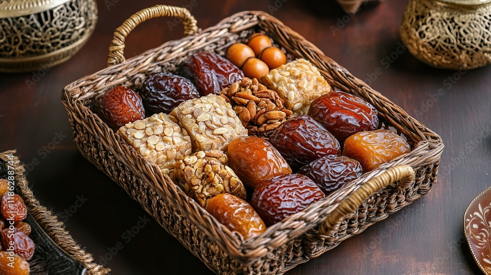 Assorted dates and sweets in a wicker basket. Assorted dates and sweets in a wicker basket.